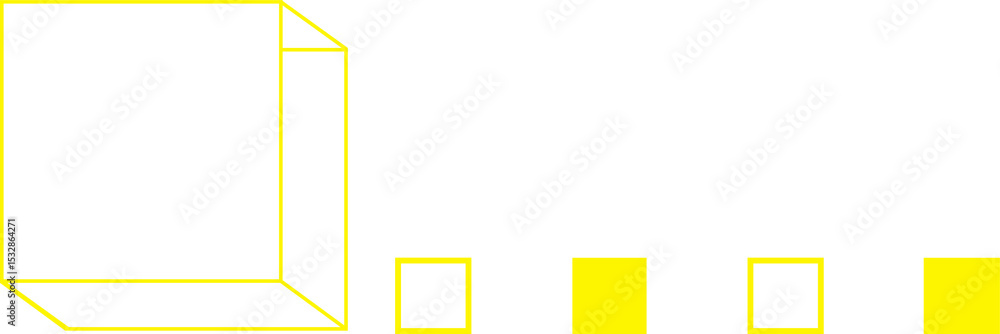 Poster isometric yellow wireframe cube and outlined and filled squares are floating on transparent canvas