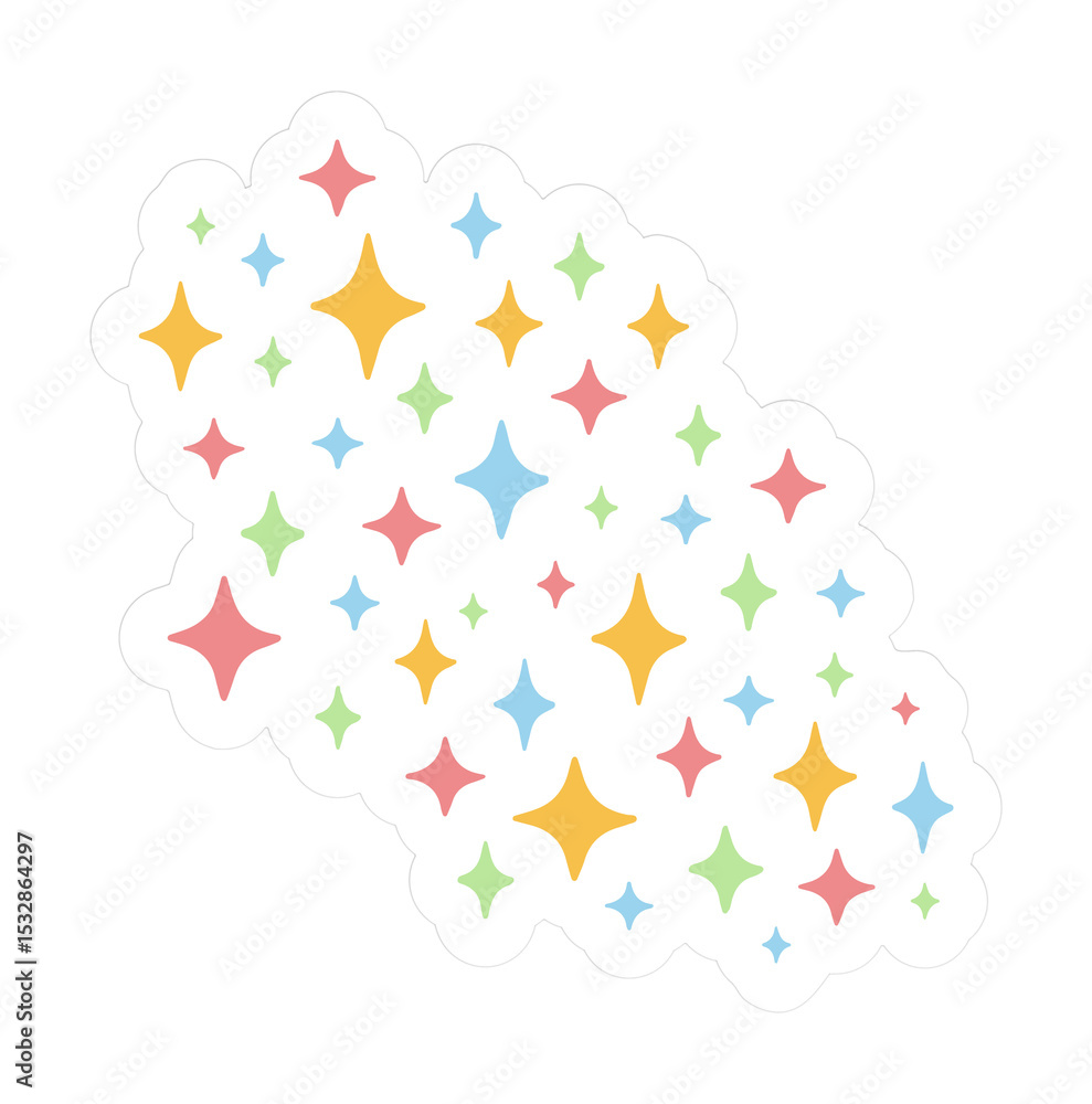 Poster showing flat design sparkle cluster over transparent background with colorful four-point stars