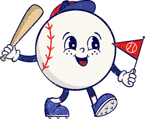 Baseball mascot is swinging bat waving red pennant in cartoon style on transparent background