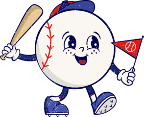 Baseball mascot is swinging bat waving red pennant in cartoon style on transparent background