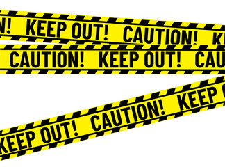 Vector yellow caution tape is crossing transparent background with black stripes and KEEP OUT text
