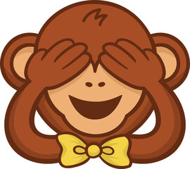 Naklejka premium Flat cartoon monkey character is covering eyes, wearing yellow bow tie on transparent background