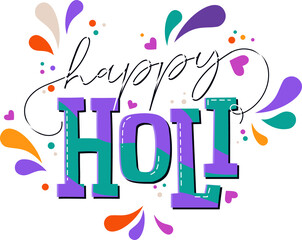 Festive Holi lettering is bursting on transparent backdrop with cursive and 3D letters and hearts
