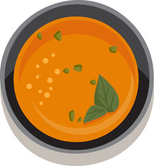 Showing top-down gray bowl containing orange soup with herb garnish, clear background