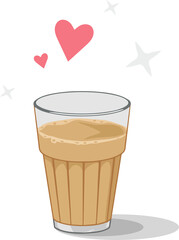 Flat tumbler is holding latte while pink hearts and sparkles are floating on transparent backdrop