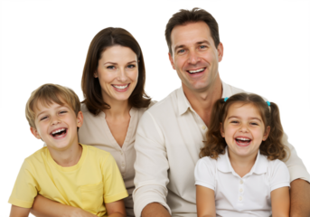 A family of four sitting together, smiling, against a plain white background, PNG format.