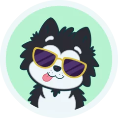 Gardinen Cartoon husky head is wearing yellow-framed sunglasses on mint green badge, white rim, transparent © vectorfusionart