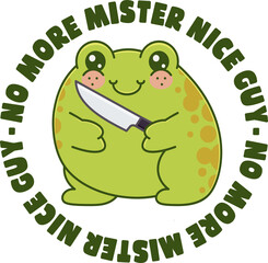 Flat design is showing frog gripping knife in olive-green text circle over transparent background