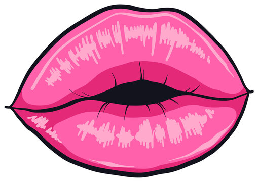 Fototapeta Stylized pink lips glowing with glossy shine and bold outline, floating on transparent background