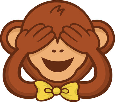 Flat cartoon monkey character is covering eyes, wearing yellow bow tie on transparent background