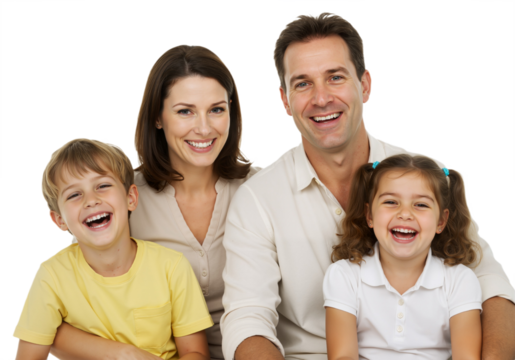A family of four sitting together, smiling, against a plain white background, PNG format. - Powered by Adobe