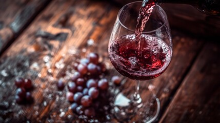 Red wine glass and grapes on rustic wooden table in romantic vintage evening mood