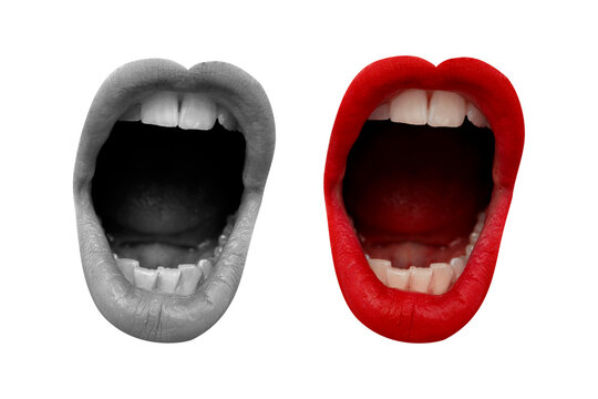 Collage with screaming mouth. Element for pop art design. Communication concept, public opinion, public speaking, society, media. Message. Announcement in social networks