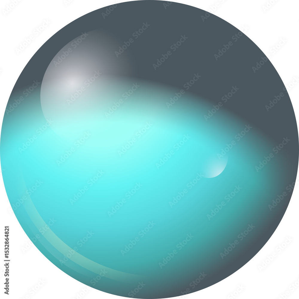 Poster flat design sphere is floating on transparent background with turquoise gradient and glossy gleam