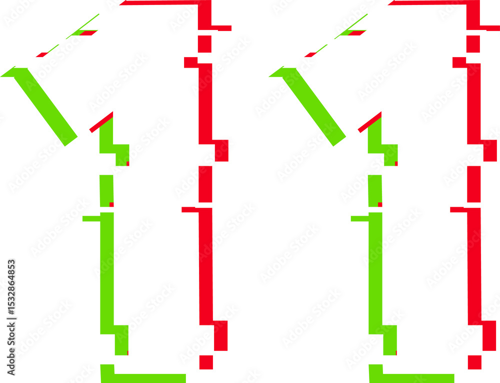 Aufkleber two digital glitching numeral ones are floating on transparent canvas, red green pixel artifacts