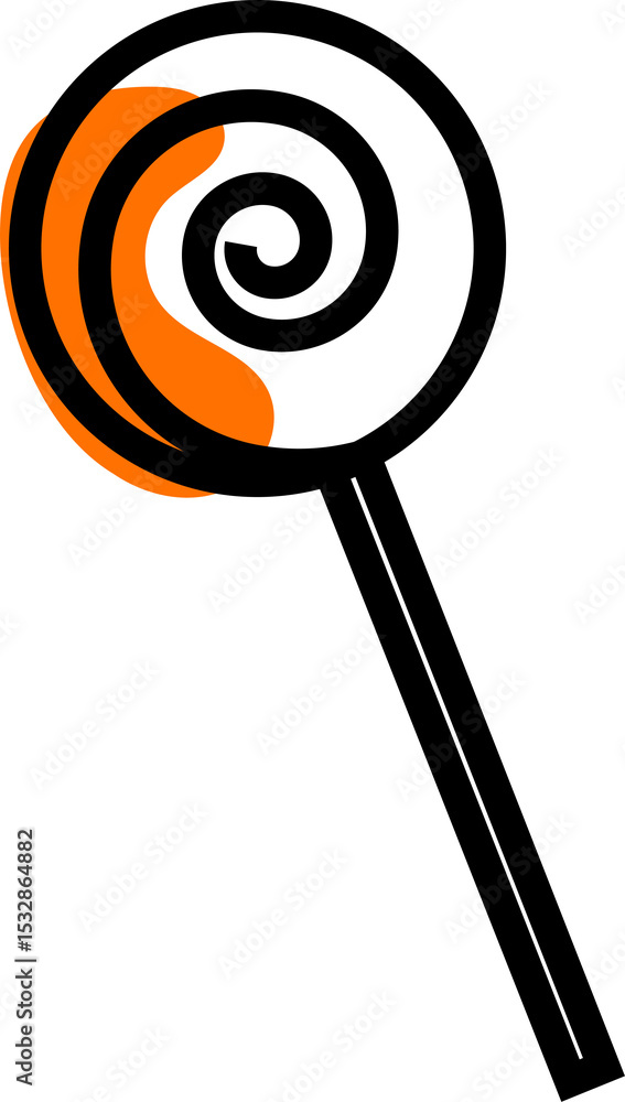 Poster stylized vector magnifying glass is floating over orange blob with spiral, transparent background