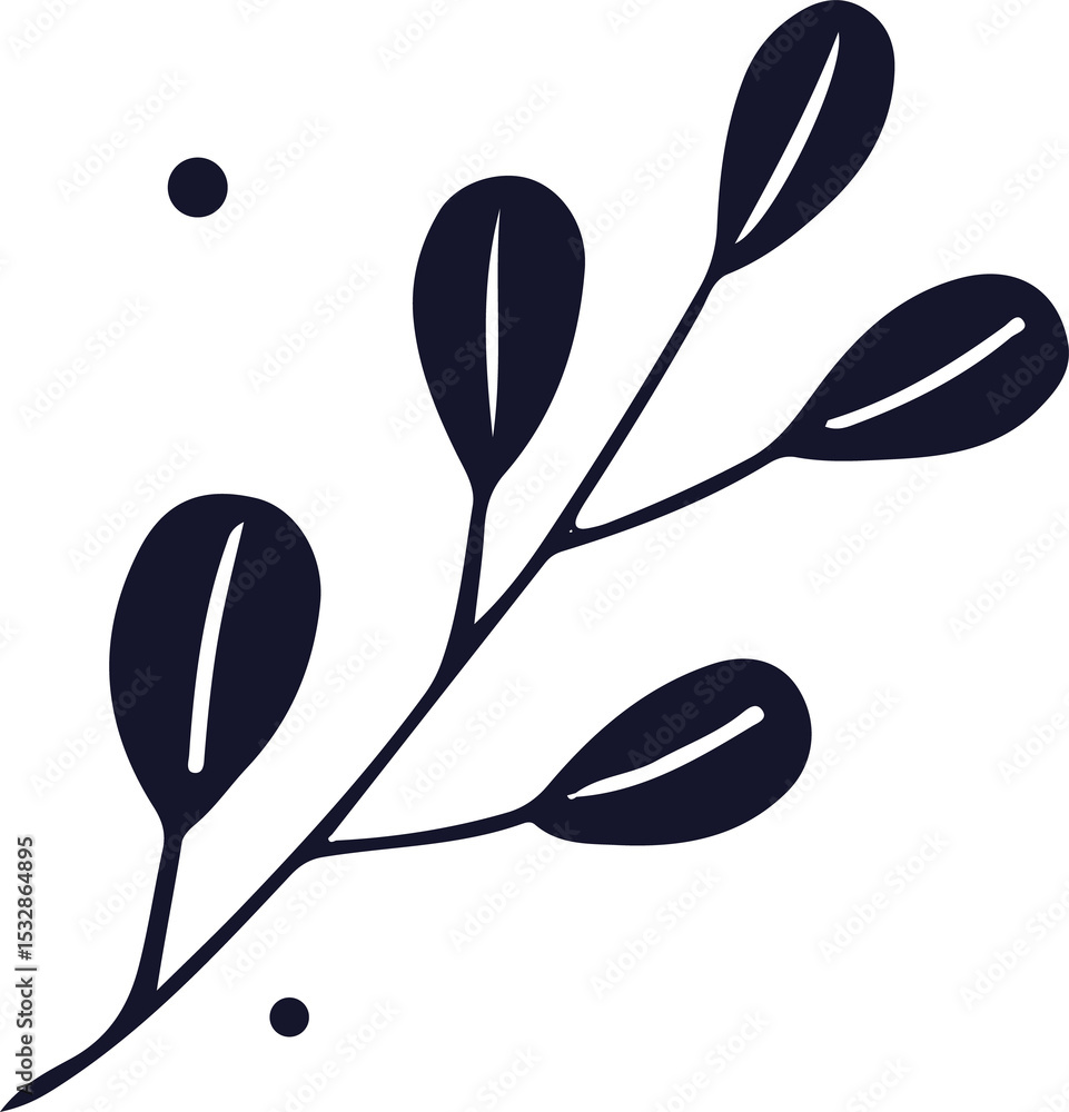 Poster flat vector branch with oval leaves, dots and sparkle icon is floating on transparent background