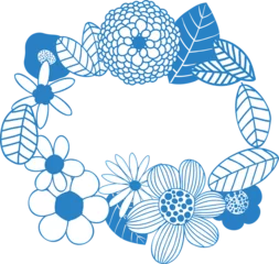 Gardinen Floral wreath is showing stylized blue-white flowers with leaf motifs on transparent background © vectorfusionart