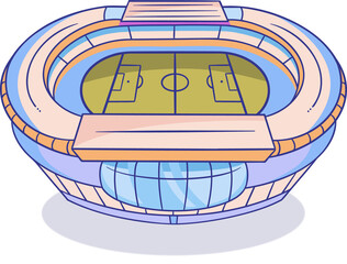 Obraz premium Cartoon-style soccer stadium is sitting on transparent backdrop, showing pitch, tiers, glass facade