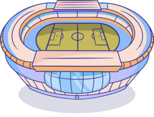 Cartoon-style soccer stadium is sitting on transparent backdrop, showing pitch, tiers, glass facade