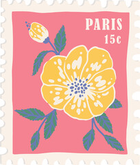 Stylized yellow flower flat stamp is showing on clear background with scalloped border PARIS 15c
