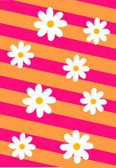 Flat daisy pattern is showing white daisies on pink-peach diagonal stripes, transparent background © vectorfusionart