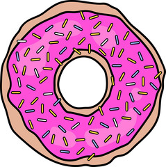 Cartoon donut is floating on transparent background showcasing pink icing, multicolored sprinkles