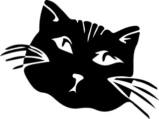 Showing flat black feline silhouette with pointed ears, eyes, whiskers on transparent background