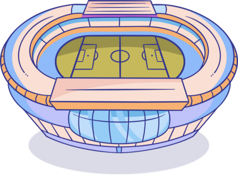 Cartoon-style soccer stadium is sitting on transparent backdrop, showing pitch, tiers, glass facade - Powered by Adobe