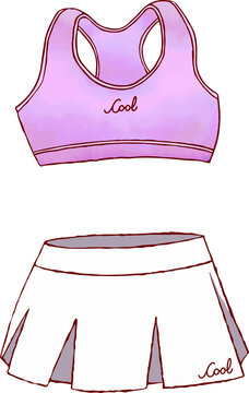 Fototapeta Lavender sports bra and white pleated skirt are floating on transparent background in flat design
