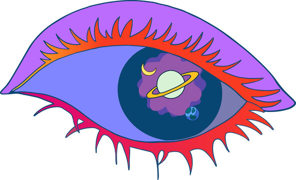 Naklejki Stylized eye showing violet lid, red drips and long lashes, navy iris hosting planet, transparent