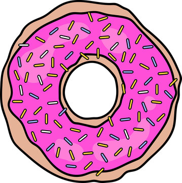 Naklejki Cartoon donut is floating on transparent background showcasing pink icing, multicolored sprinkles