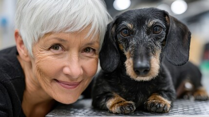 Smiling elderly woman lovingly poses with her dachshund highlighting their affectionate bond