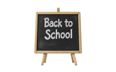 Small chalkboard with handwritten back to school message in classroom setting isolated on transparent background PNG