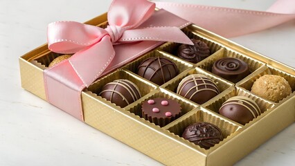 Assorted Chocolate Truffles in Gold Gift Box with Pink Bow.