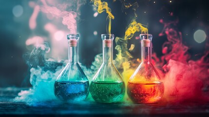 Colorful chemical flasks with smoke in lab setup glowing in neon fantasy science fiction scene