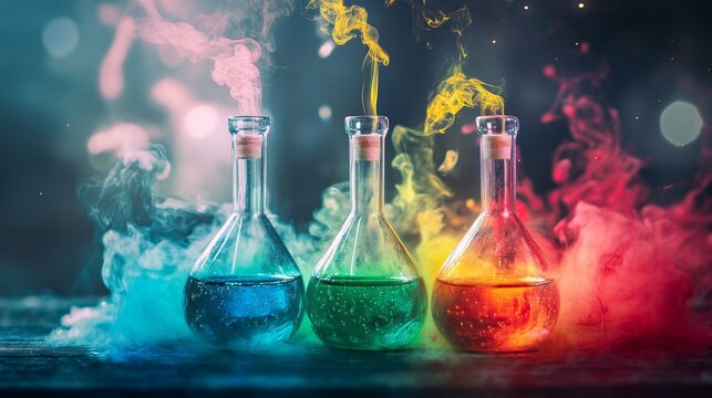 Colorful chemical flasks with smoke in lab setup glowing in neon fantasy science fiction scene