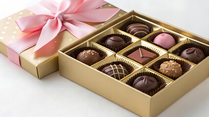 Assorted Chocolate Truffles in Gold Gift Box with Pink Bow.