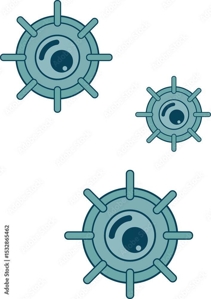Aufkleber three spiked icons resembling viral particles are floating on transparent background in flat design