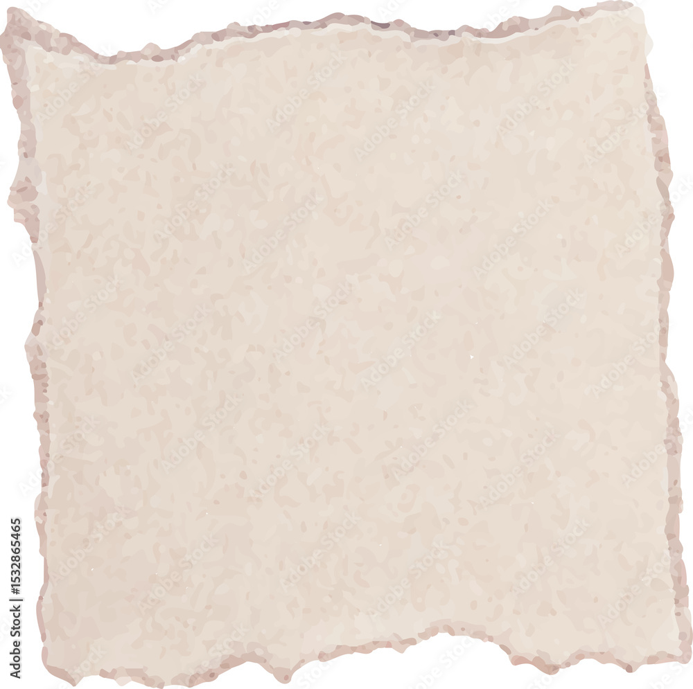 Poster torn beige paper fragment floating on transparent background in flat design, aged parchment texture