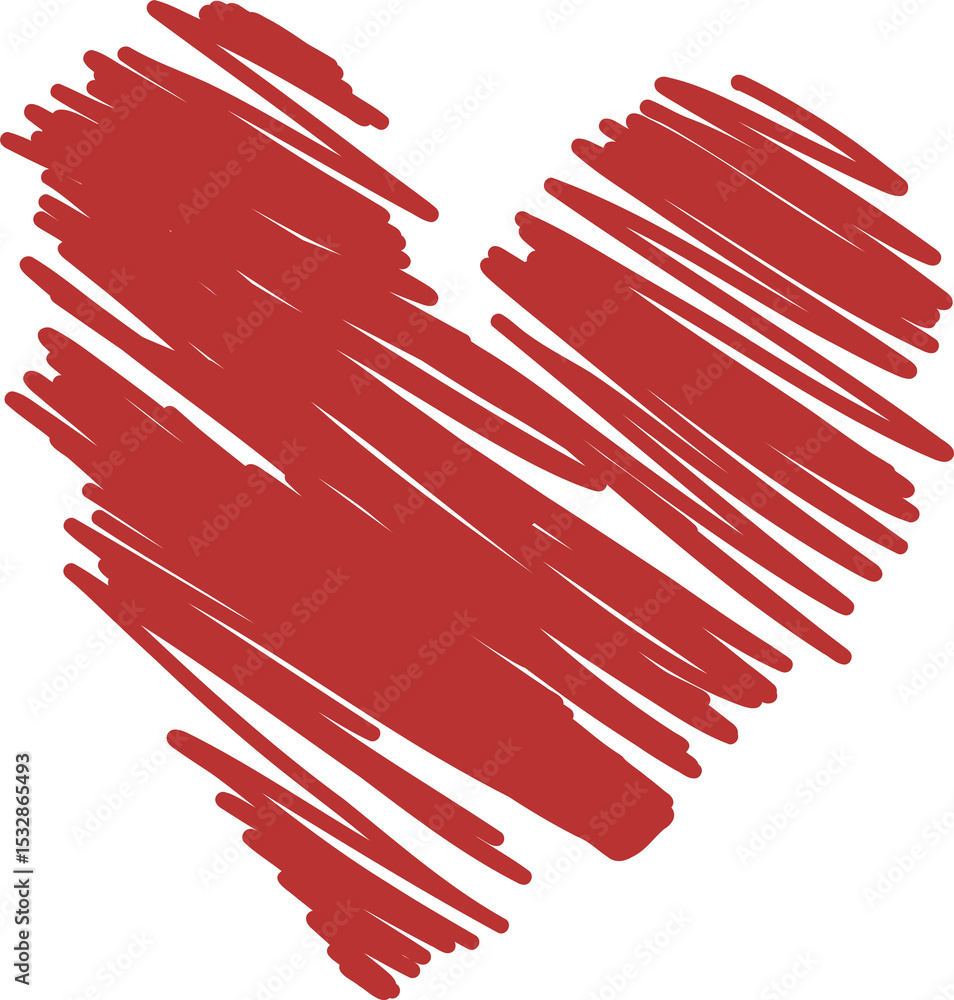 Poster abstract heart shape is forming with red hand-drawn scribbled strokes on transparent background