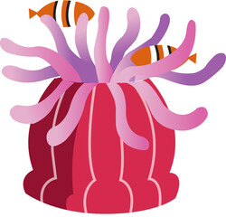 Stylized sea anemone holding two clownfish is waving over transparent background, flat design
