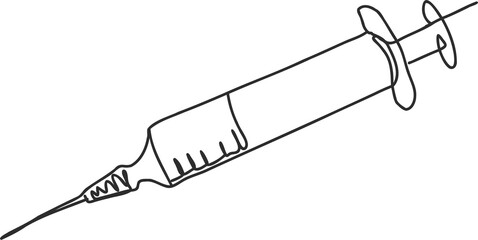 Line art is depicting syringe with needle, barrel ticks, plunger handle on transparent background
