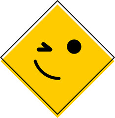 Winking smiley face is floating on yellow diamond sign in flat design with transparent background
