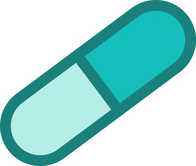 Light cyan and teal capsule pill is floating diagonally on transparent background in flat design