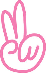 Showing pink line-art hand making peace sign in flat design on transparent background