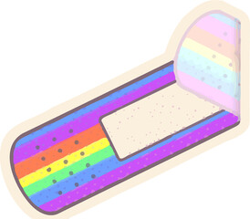 Cartoon flat rainbow-frosted pastry is sitting on transparent background, showing bitten corner