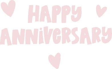 Flat greeting graphic is showing HAPPY ANNIVERSARY text with three hearts on transparent background