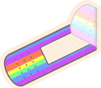 Naklejki Cartoon flat rainbow-frosted pastry is sitting on transparent background, showing bitten corner