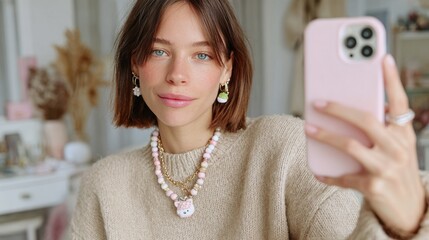 A woman in a cozy sweater takes a stylish selfie with playful pastel jewelry creating a warm ambiance